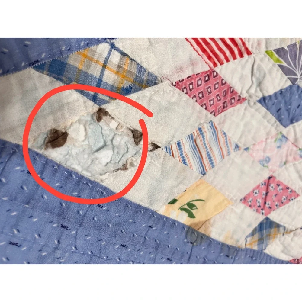 Antique Lone Star Hand Stitched Patchwork Quilt Blue Multi‎ Color Cutter Repair